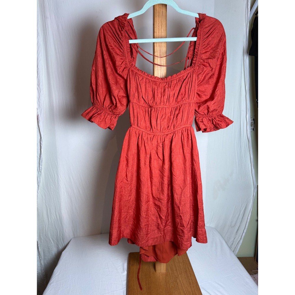 Storia Rust Orange Puff Sleeve‎ Lace Up Back Mini Dress Small New